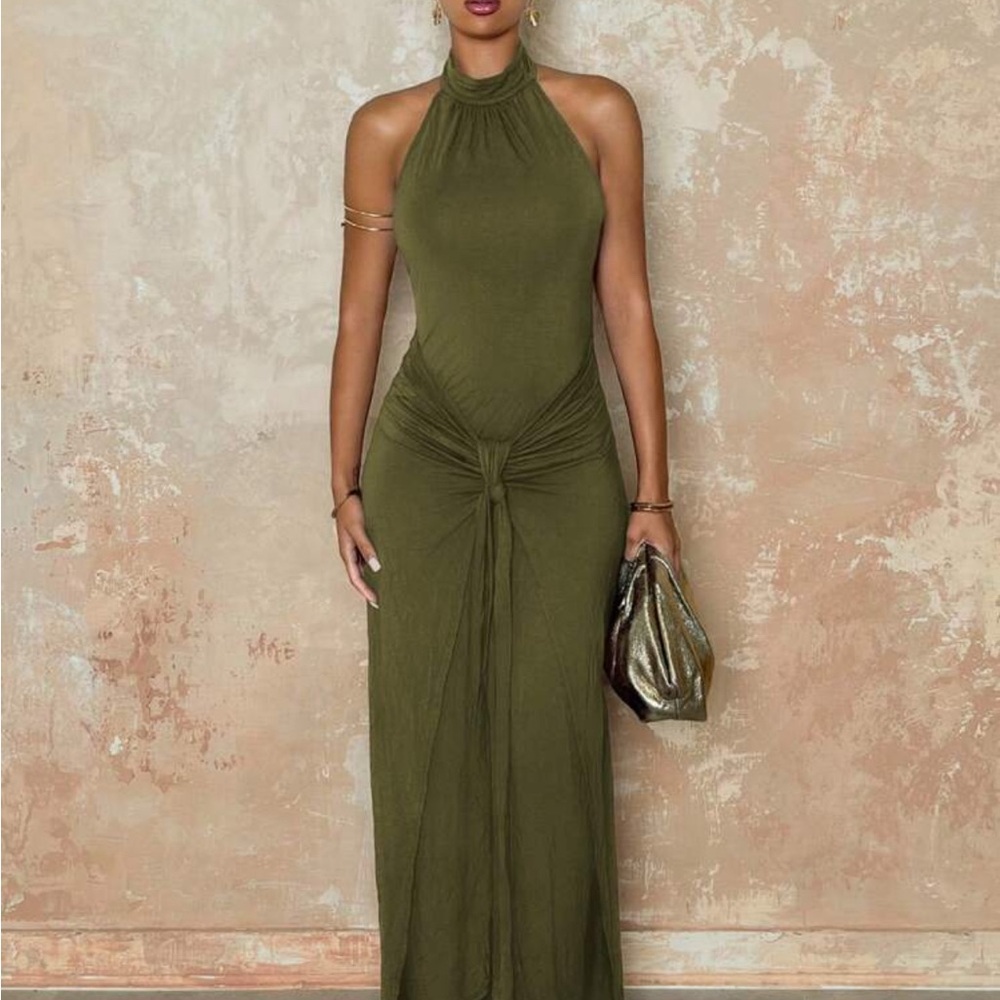 Olive green halter wrap maxi dress Size s
